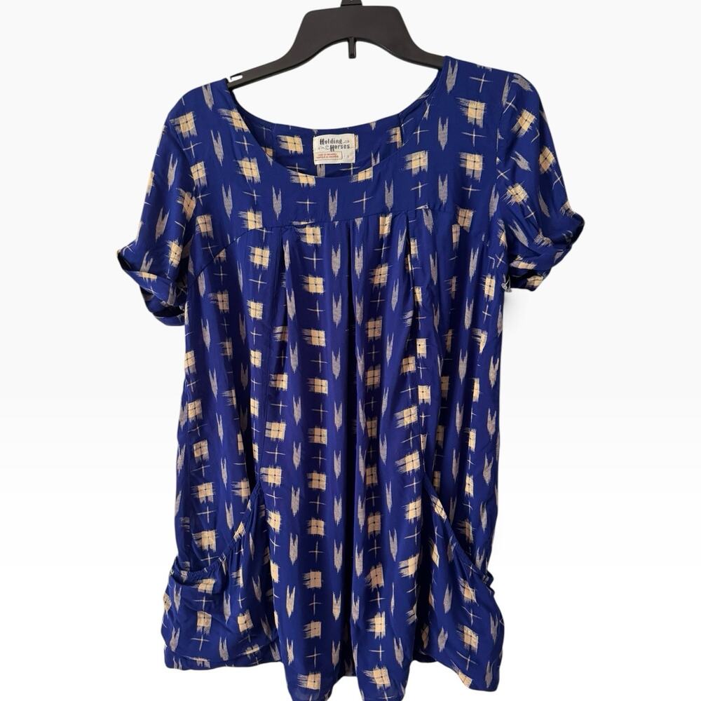 Holding Horses Abstraction Blue Tunic Top Small Boho Festival